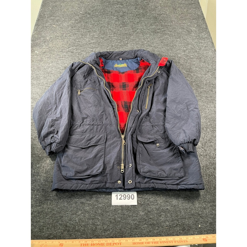 Specialty Collection Parka Jacket Mens L Navy Blue Good Plaid Lined Utility